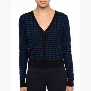 Diane Von Furstenberg Cropped Checked V-Neck Cardigan Sweater Black & Navy, M